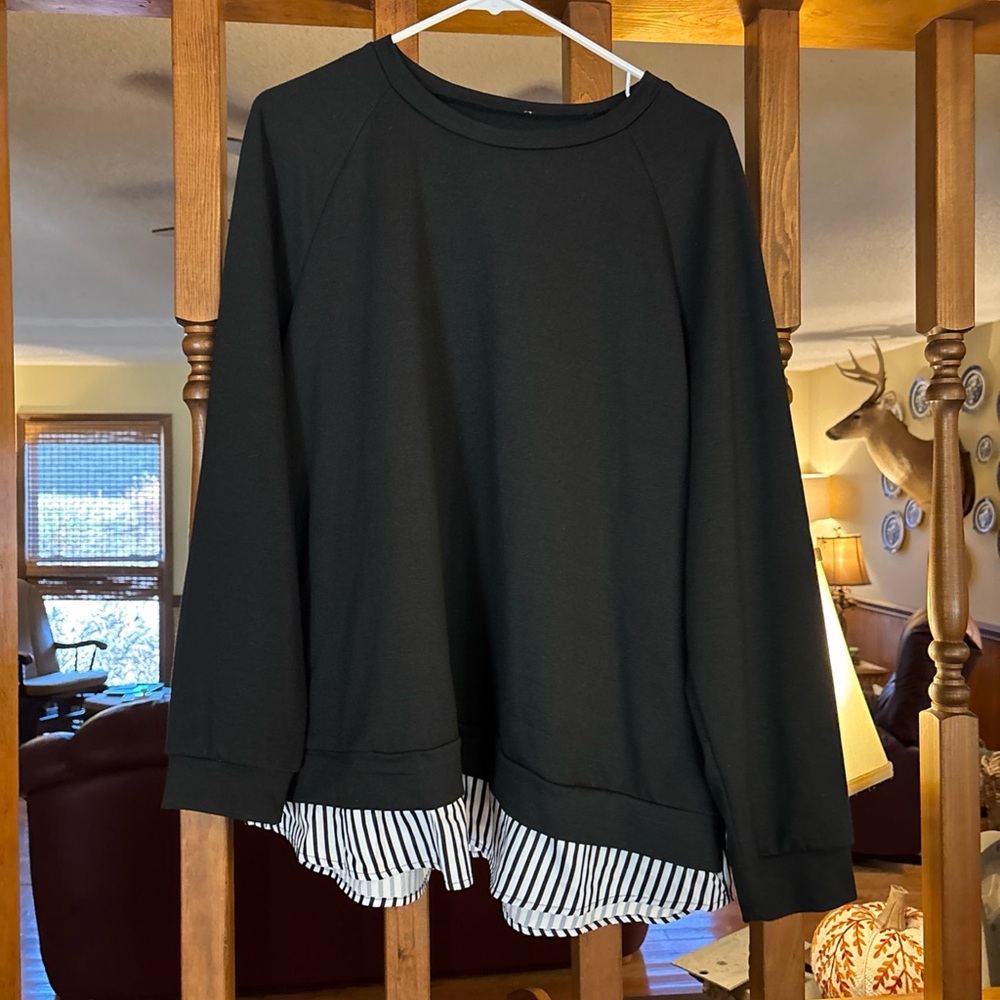 Elegant Black Blouse with Striped Hem